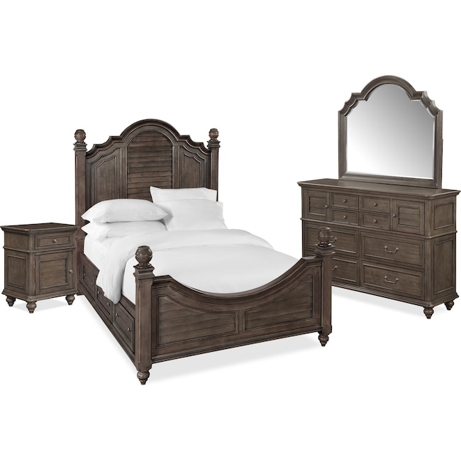 Bedroom Furniture - Charleston 6-Piece Poster Bedroom Set with 4 Underbed Drawers, Nightstand, Dresser and Mirror