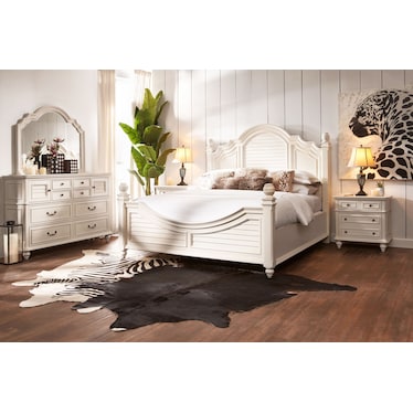 Charleston 5-Piece Queen Poster Bedroom Set with Dresser and Mirror - White