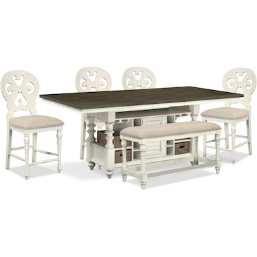Charleston Kitchen Island, 4 Scroll-Back Stools and Bench - White