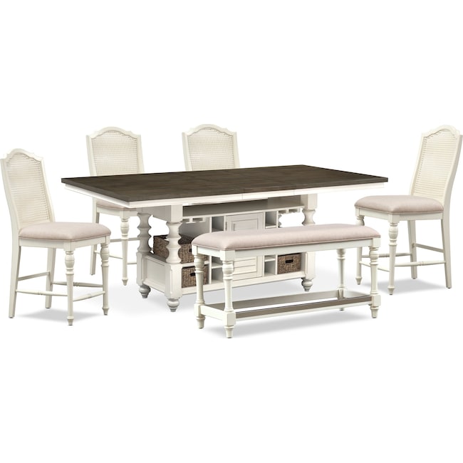 Dining Room Furniture - Charleston Counter-Height Dining Table, 4 Cane Back Stools and Bench