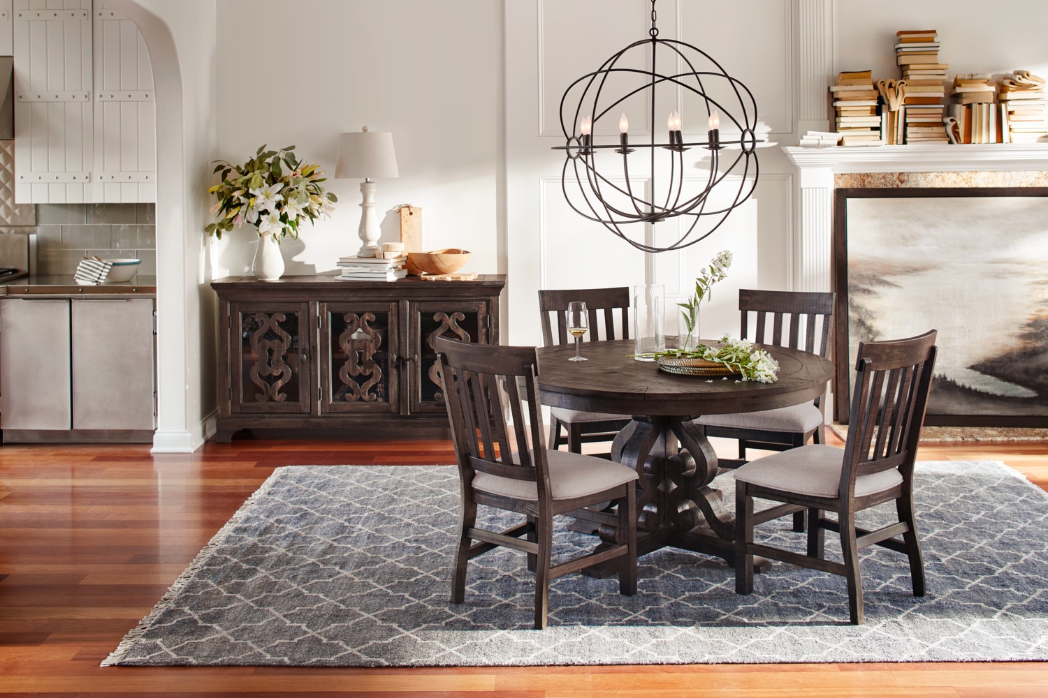 charthouse round dining table and 4 upholstered side chairs