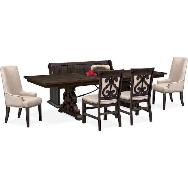 Dining Room Furniture - Charthouse Rectangular Dining Table, 2 Host Chairs, 2 Upholstered Dining Chairs and Bench