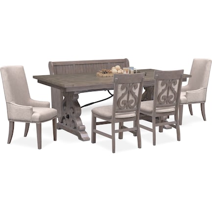 Charthouse Rectangular Dining Table, 2 Host Chairs, 2 Upholstered Dining Chairs and Bench - Gray
