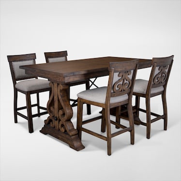 Charthouse Counter-Height Dining Table and 4 Upholstered Stools - Nutmeg