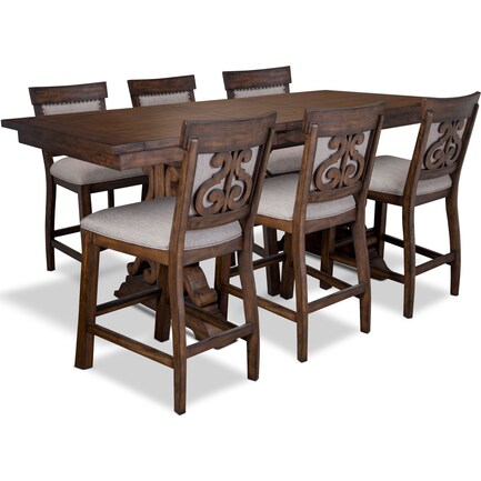Charthouse Counter-Height Dining Table and 6 Upholstered Stools - Nutmeg