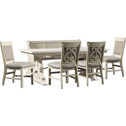 Charthouse Rectangular Dining Table, 4 Upholstered Dining Chairs and Bench - Alabaster