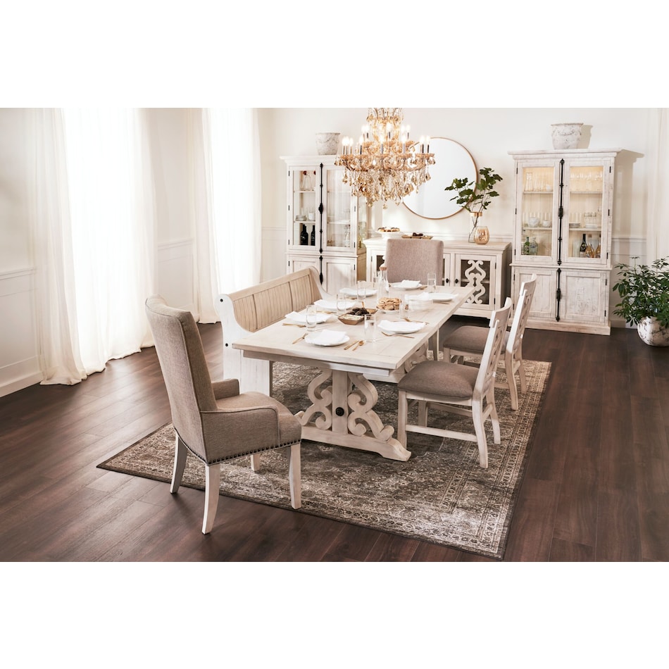 charthouse rectangular dining table, 2 host chairs, 2 upholstered dining  chairs and bench