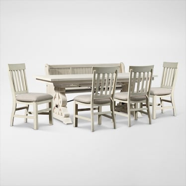 Charthouse Rectangular Extendable Dining Table, 4 Side Chairs and Bench