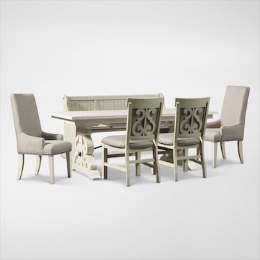Charthouse Rectangular Extendable Dining Table, 2 Host Chairs, 2 Upholstered Dining Chairs and Bench