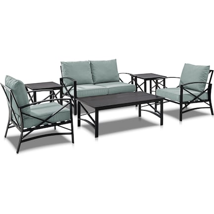 Clarion Outdoor Loveseat, 2 Chairs, Coffee Table and 2 End Tables Set - Mist/Bronze