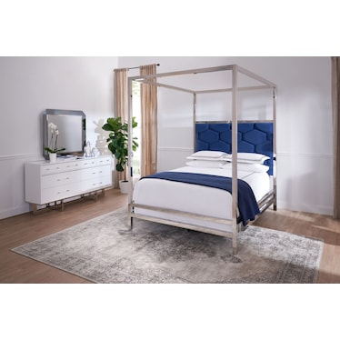 Concerto 5-Piece Queen Canopy Bedroom Set with Dresser and Mirror - Blue Velvet
