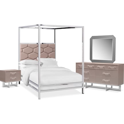 Concerto 6-Piece Queen Canopy Bedroom Set with Nightstand, Dresser and Mirror - Champagne