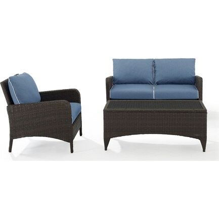 Corona Outdoor Loveseat, Chair and Coffee Table Set - Blue