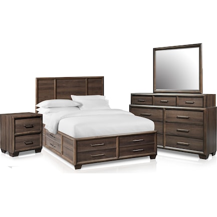Dakota 6-Piece Queen Panel Storage Bedroom Set with Nightstand, Dresser and Mirror