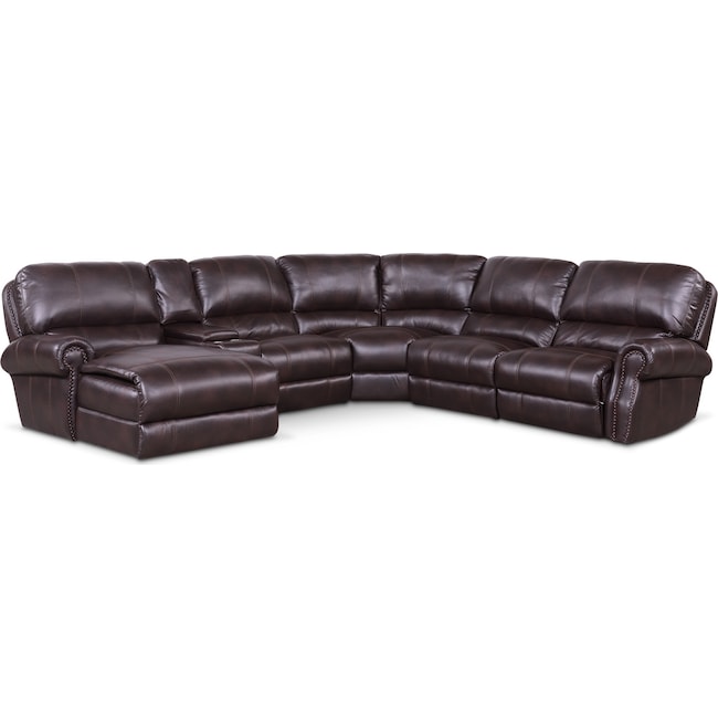 Living Room Furniture - Dartmouth 6-Piece Dual-Power Reclining Sectional with Chaise and 1 Reclining Seat
