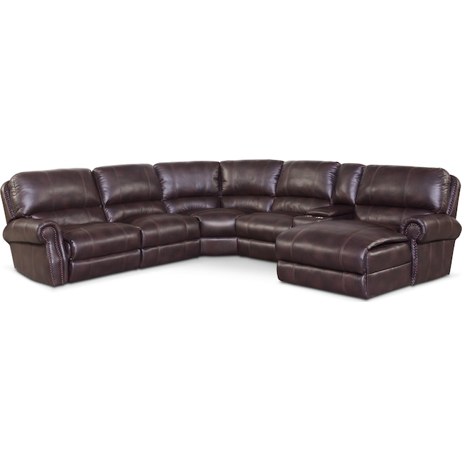 Living Room Furniture - Dartmouth 6-Piece Dual-Power Reclining Sectional with Chaise and 1 Reclining Seat