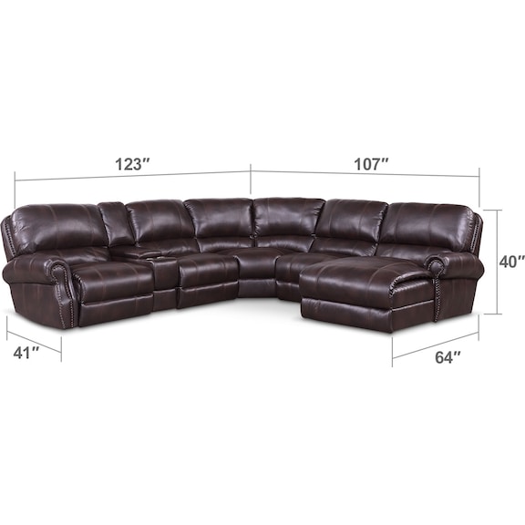 Living Room Furniture - Dartmouth 6-Piece Dual-Power Reclining Sectional with Chaise and 2 Reclining Seats