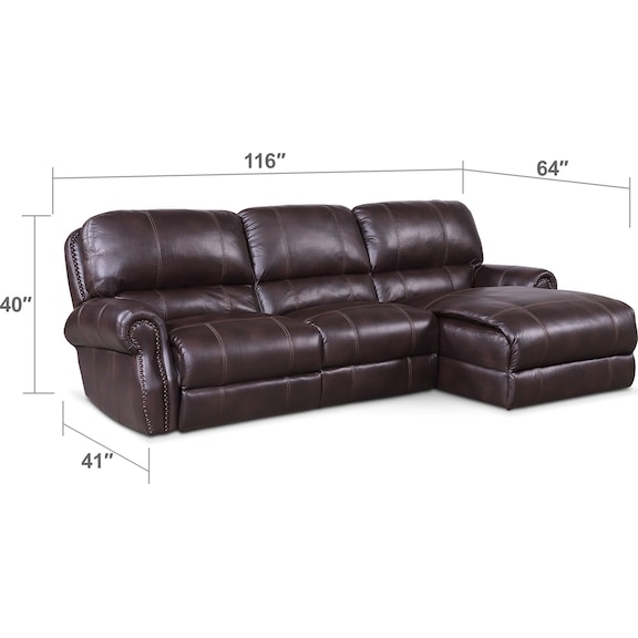 Living Room Furniture - Dartmouth 3-Piece Dual-Power Reclining Sectional with Chaise and 1 Reclining Seat