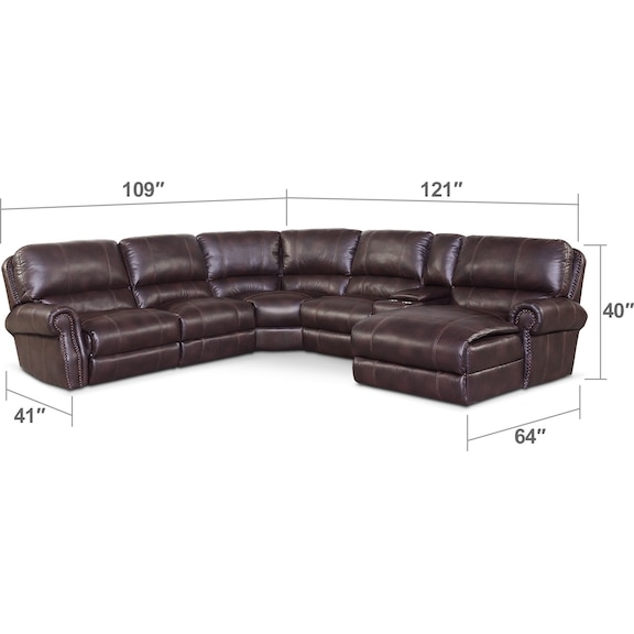 Living Room Furniture - Dartmouth 6-Piece Dual-Power Reclining Sectional with Chaise and 1 Reclining Seat