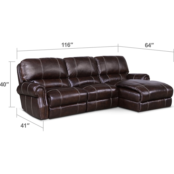 Living Room Furniture - Dartmouth 3-Piece Dual-Power Reclining Sectional with Chaise and 1 Reclining Seat