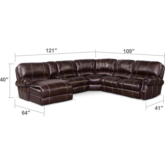 Living Room Furniture - Dartmouth 6-Piece Dual-Power Reclining Sectional with Chaise and 1 Reclining Seat