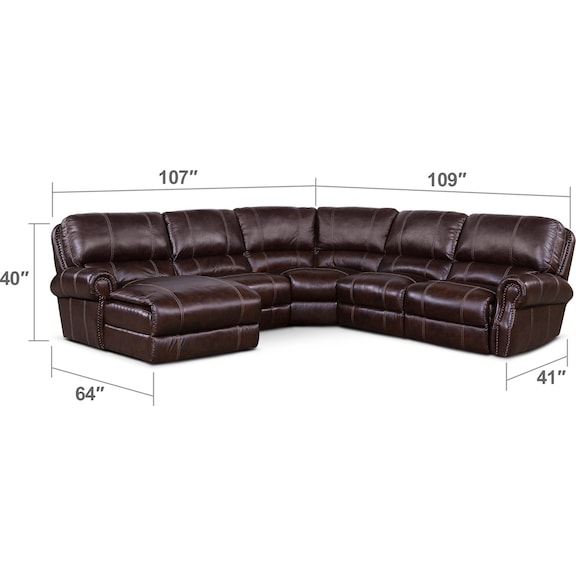 Living Room Furniture - Dartmouth 5-Piece Dual-Power Reclining Sectional with Chaise and 1 Reclining Seat