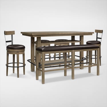 Deacon Bar Height Dining Table, 2 Swivel Stools, 2 Backless Swivel Stools, and Bench