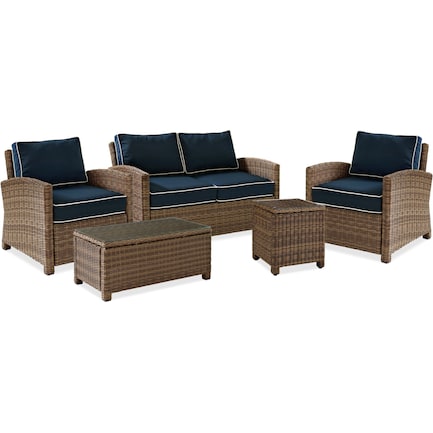 Destin Outdoor Loveseat, 2 Chairs, Coffee Table and End Table Set - Blue