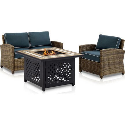 Destin Outdoor Loveseat, Chair and Fire Table Set - Navy