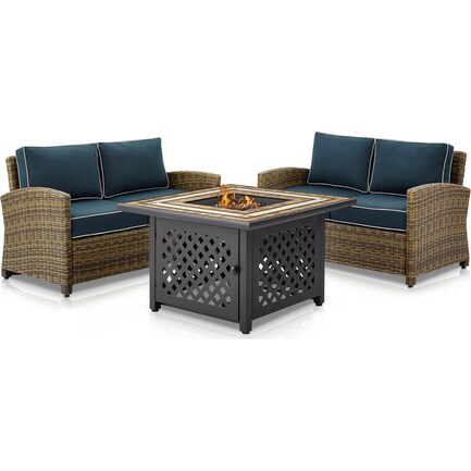 Destin Set of 2 Outdoor Loveseats and Fire Table - Navy
