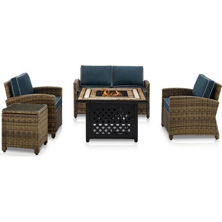 Destin Outdoor Loveseat, 2 Chairs, End Table and Fire Table Set - Navy