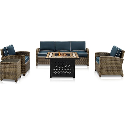 Destin Outdoor Sofa, 2 Chairs, End Table and Fire Table - Navy