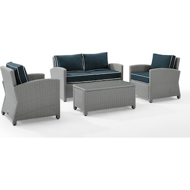 Destin Outdoor Loveseat, 2 Chairs and Coffee Table Set - Gray/Navy