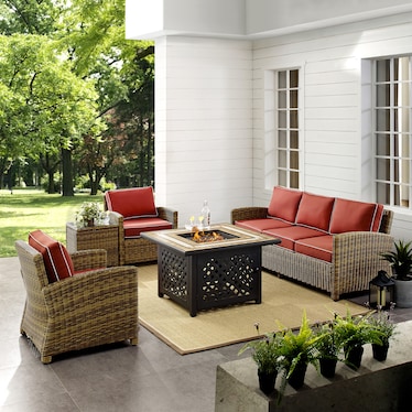 Destin Outdoor Sofa, 2 Chairs, End Table and Fire Table