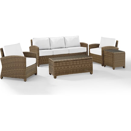 Destin Outdoor Sofa, 2 Chairs, Rectangular Coffee Table and End Table Set - White/Brown