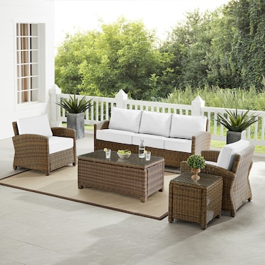 Destin Outdoor Sofa, 2 Chairs, Rectangular Coffee Table and End Table Set - White/Brown