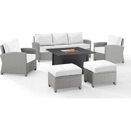 Destin Outdoor Sofa, Fire Table, 2 Chairs and 2 Ottomans Set - White/Gray