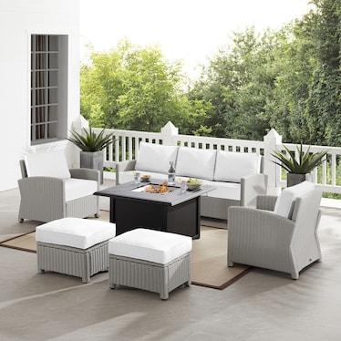 Destin Outdoor Sofa, Fire Table, 2 Chairs and 2 Ottomans Set - White/Gray