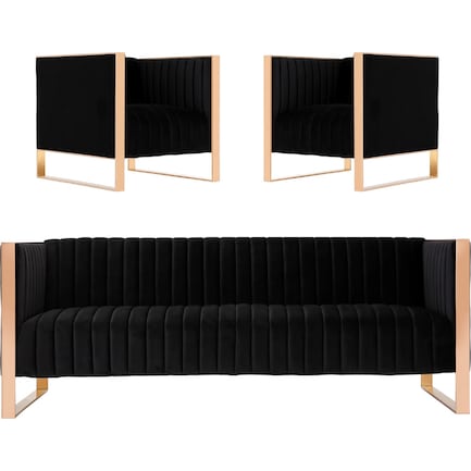 Dobrev Sofa and Set of 2 Chairs - Black/Rose Gold