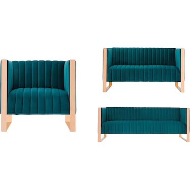 Dobrev Sofa, Loveseat and Chair - Teal/Rose Gold