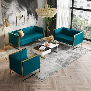 Dobrev Sofa, Loveseat and Chair - Teal/Rose Gold