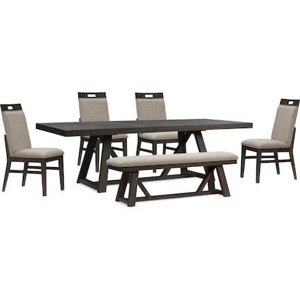 Edison Dining Table, 4 Upholstered Chairs and Bench