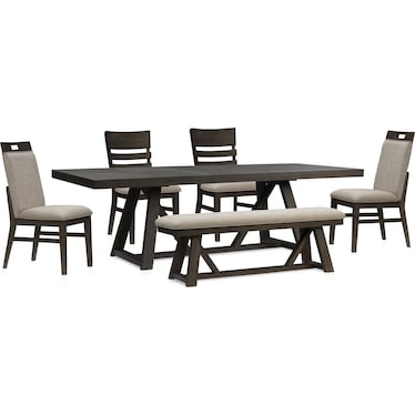 Edison Extendable Dining Table, 2 Upholstered Chairs, 2 Dining Chairs and Bench