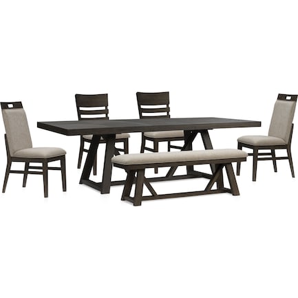 Edison Extendable Dining Table, 2 Upholstered Chairs, 2 Dining Chairs and Bench