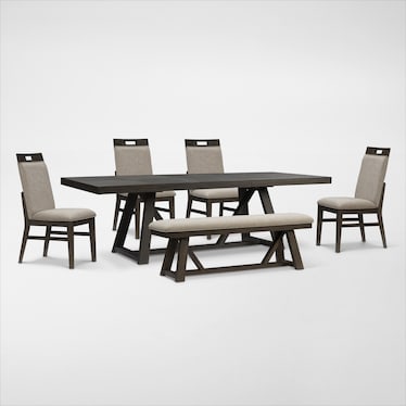 Edison Extendable Dining Table, 4 Upholstered Chairs and Bench
