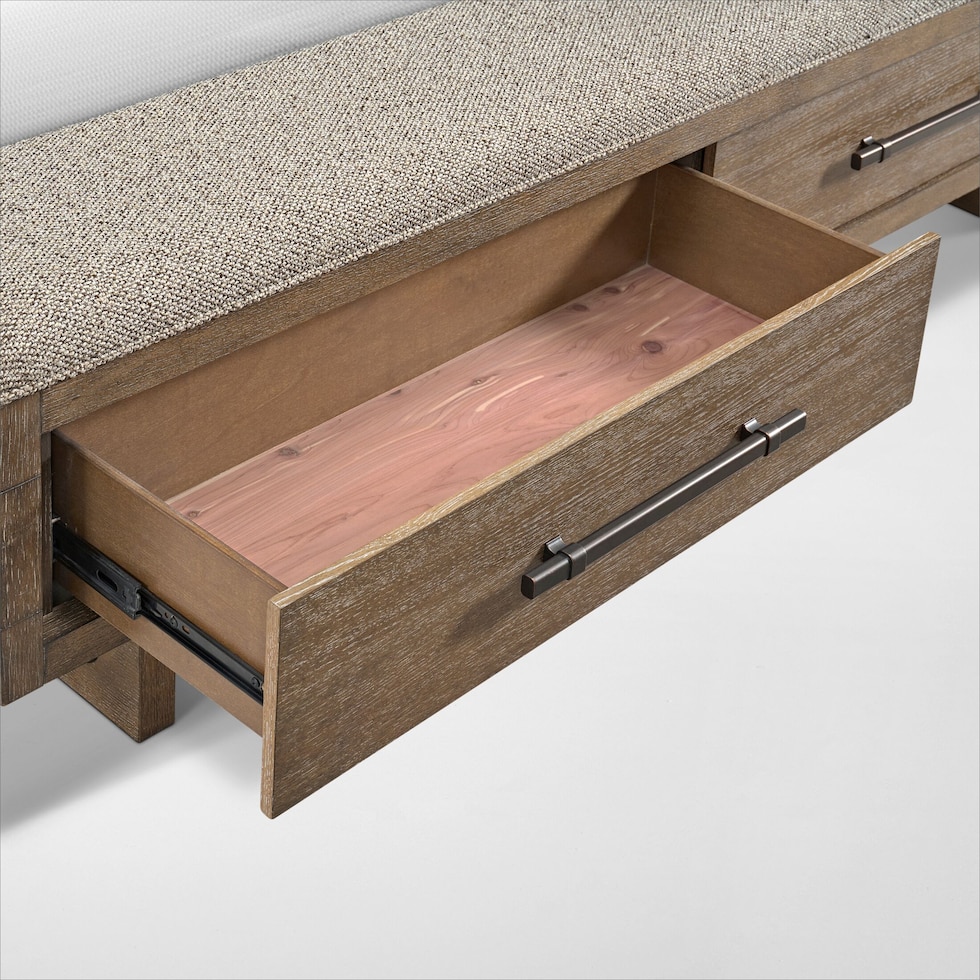 evans light brown king bed   