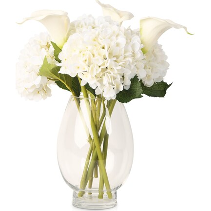 Faux White Hydrangeas and Calla Lilies in Glass Vase