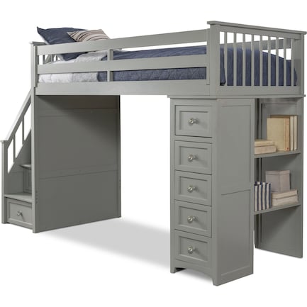 Flynn Twin Loft Bed with Storage Stairs and Chest - Gray