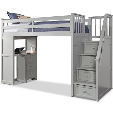 Flynn Twin Loft Bed with Storage Stairs and Desk- Gray