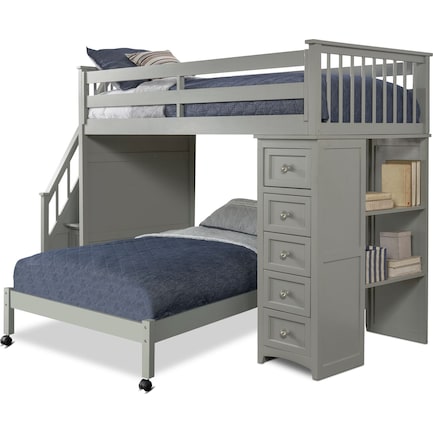 Flynn Twin over Full Loft Bed with Storage Stairs and Chest - Gray